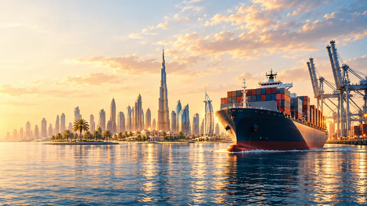 Container ship sailing past the Dubai skyline at sunset